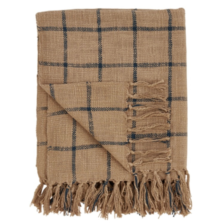 Frazada Camel con Cuadros Azules